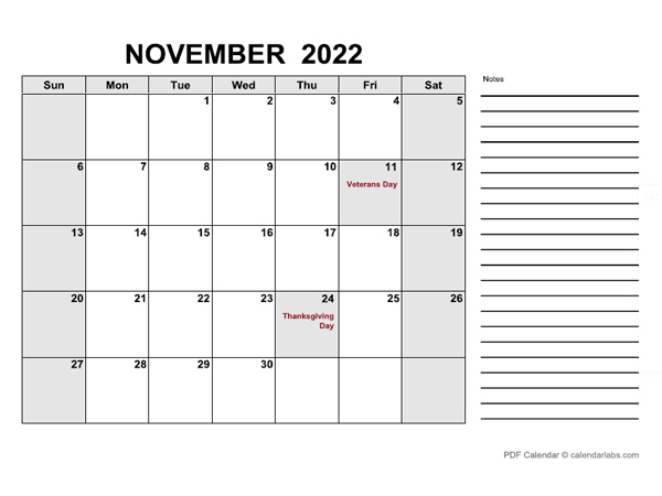 November 2022 Calendar with Holidays | CalendarLabs