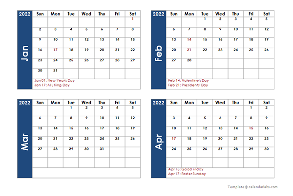 2022 Four Monthly Calendar Template - Free Printable Templates