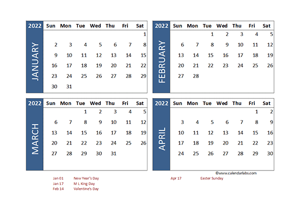 2022 Excel 4 Month Calendar Template