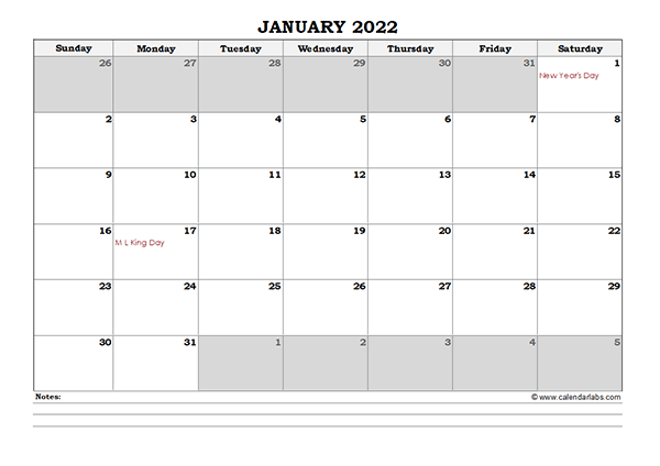 2022 Excel Monthly Calendar With Notes