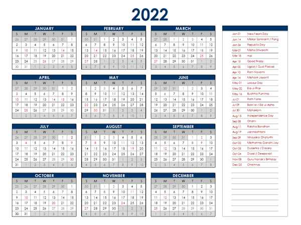 2022 India Annual Calendar With Holidays - Free Printable Templates