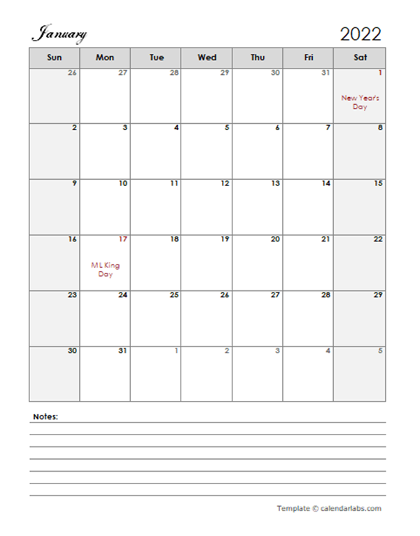 2022 Calendar Template Large Boxes Free Printable Templates