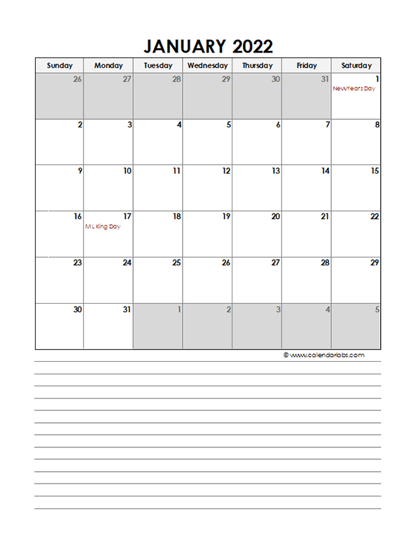 2022 monthly calendar template