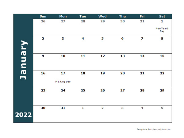 2022 Monthly Word Calendar Landscape Format