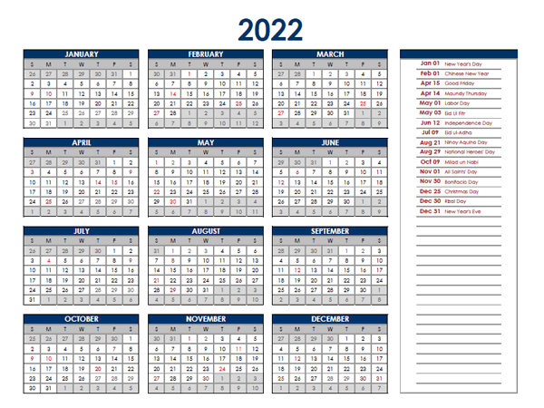 2022 Philippines Calendar With Holidays Photos