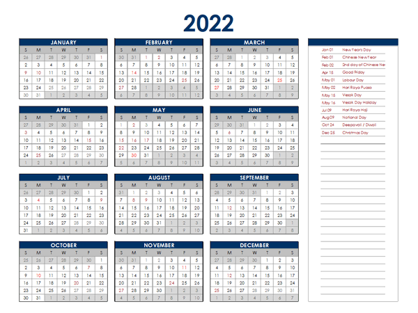 2022 Singapore Annual Calendar with Holidays