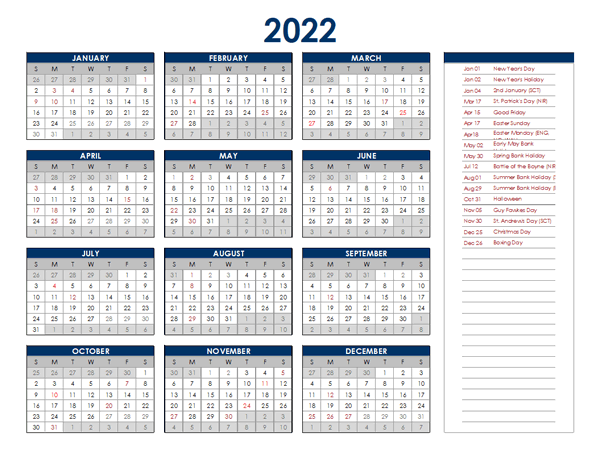 18+ 2022 Yearly Free Printable 2022 Calendar Uk With Bank Holidays Images