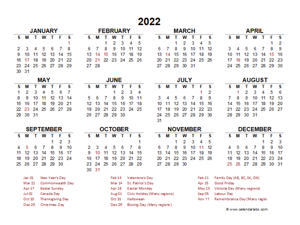 2022 Year at a Glance Calendar with Canada Holidays
