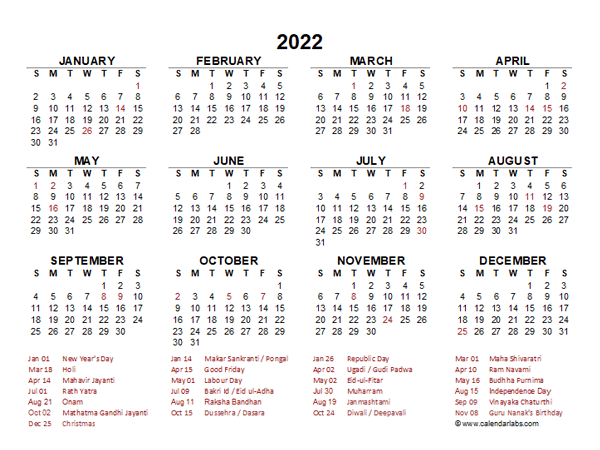 2022 Year At A Glance Calendar With India Holidays - Free Printable Templates