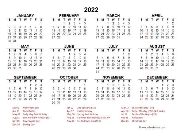 2022 Year at a Glance Calendar with Ireland Holidays