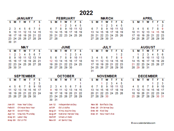 Philippine Calendar 2022 With Holidays Printable Printable Word Searches