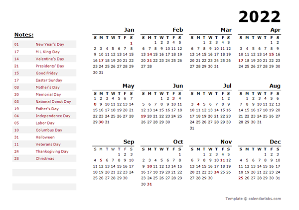 2022 Year Calendar Template with US Holidays