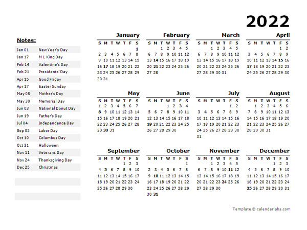 2022 Year Calendar Word Template With Holidays - Free Printable Templates