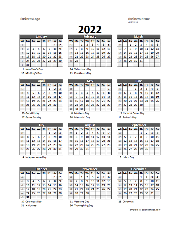 2022 Yearly Business Calendar With Week Number