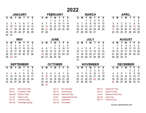 2022 editable calendar excel
