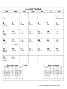 Julian Codes 2022 Example Calendar Printable
