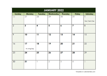 2022 Monthly Google Docs Calendar Template