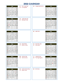 12 Month One Page Calendar Template For 2022 - Free Printable Templates