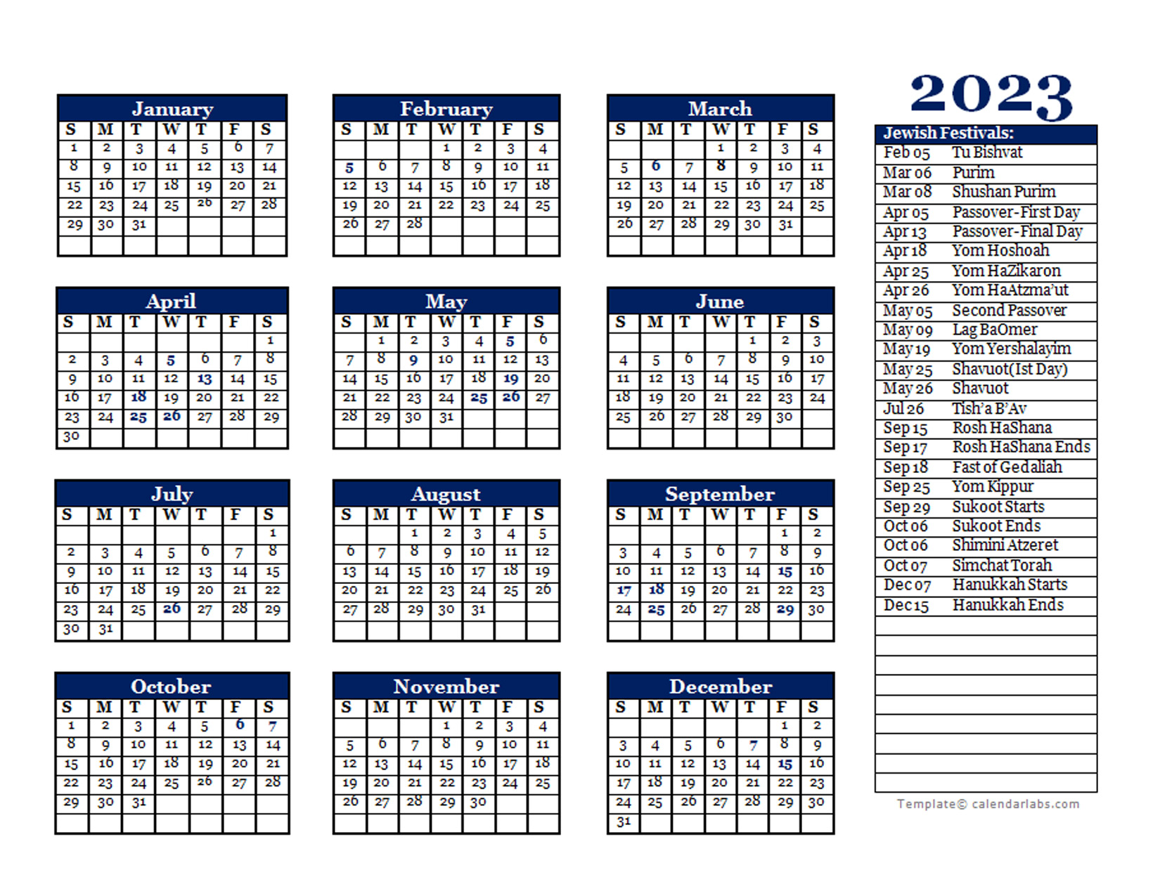 2023 Calendar With Jewish Holidays Printable - Minimalist Blank Printable