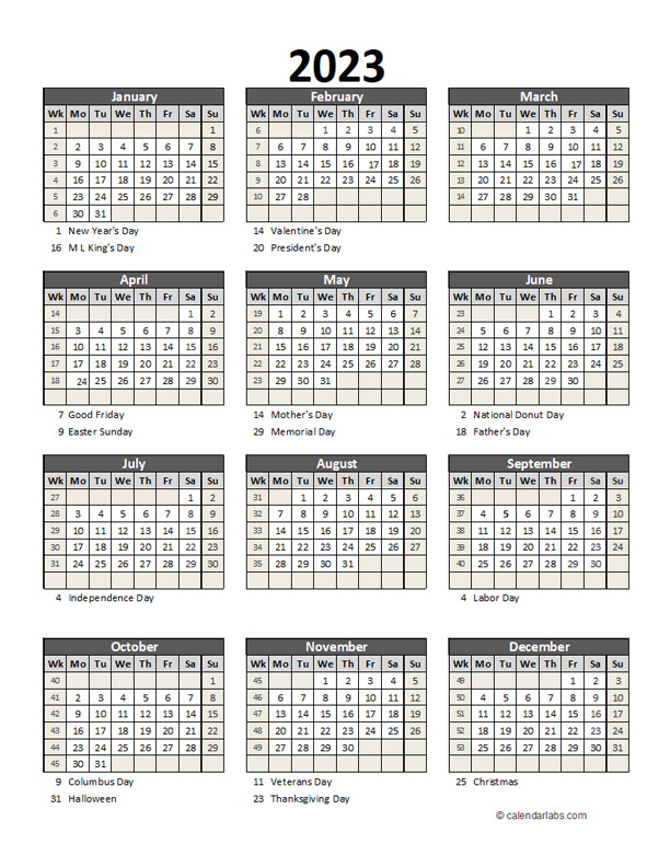 Editable 2023 Yearly Spreadsheet Calendar - Free Printable Templates