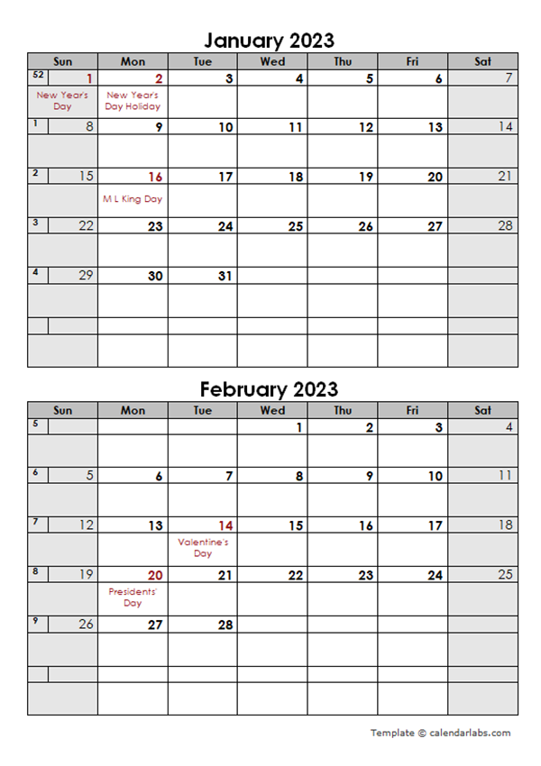 2 month per page calendar template