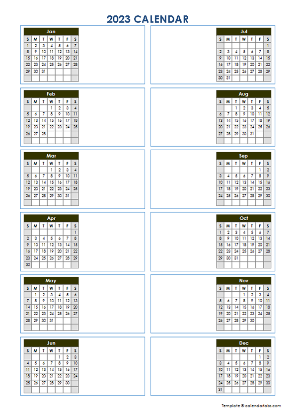 2023 Blank Yearly Calendar Template Vertical Design Free Printable 