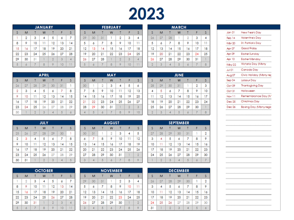 2023 Canada Annual Calendar with Holidays - Free Printable Templates
