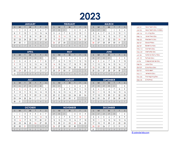 Free Excel Yearly Calendar Template 2023