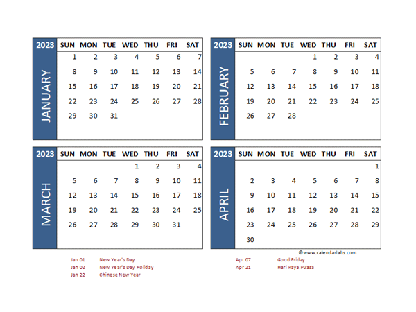 2023 Four Month Calendar With Singapore Holidays Free Printable Templates
