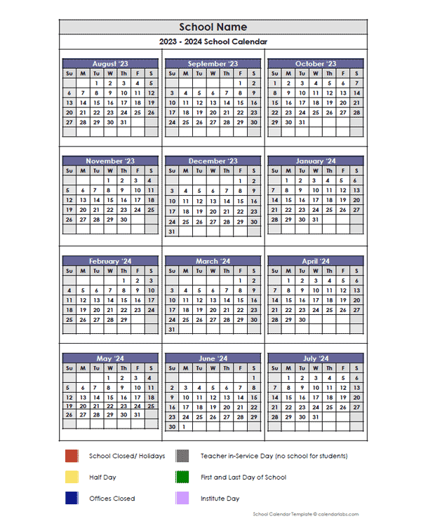 2023 Google Docs School Vertical Yearly Calendar Free Printable Templates