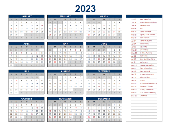 India 2023 Holidays 2023 Calendar