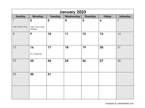 Free Printable 2023 Monthly Calendar With Holidays Word