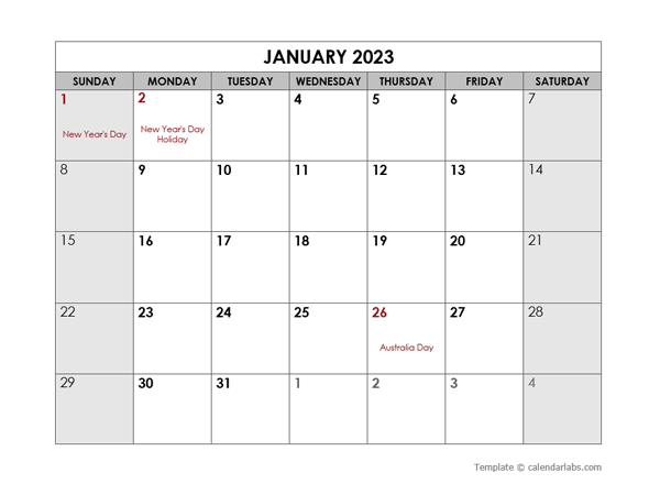 2023 Monthly Word Australia Calendar Holidays - Free Printable Templates