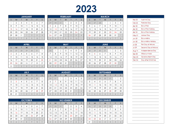 2023 Pakistan Annual Calendar With Holidays Free Printable Templates