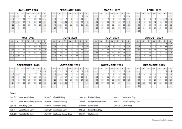 2023 PDF Yearly Calendar With Holidays Free Printable Templates