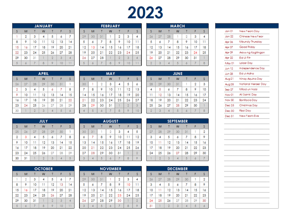 Free Printable 2023 Calendar With Holidays Philippines