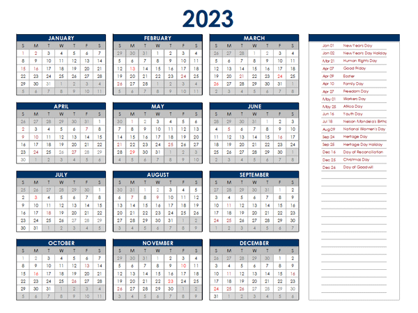 2023 South Africa Annual Calendar With Holidays Free Printable 