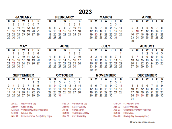 Free Printable Yearly Calendar 2023 Canada