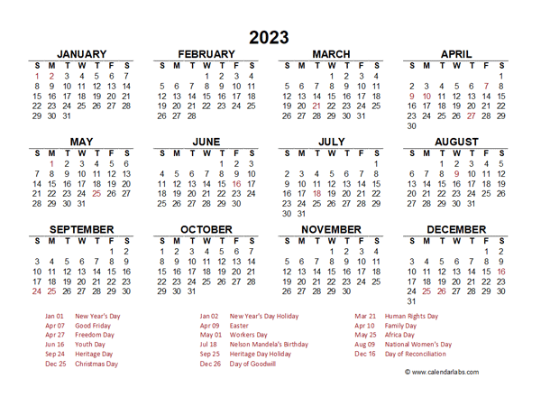 2023 Year At A Glance Calendar With South Africa Holidays Free Printable Templates