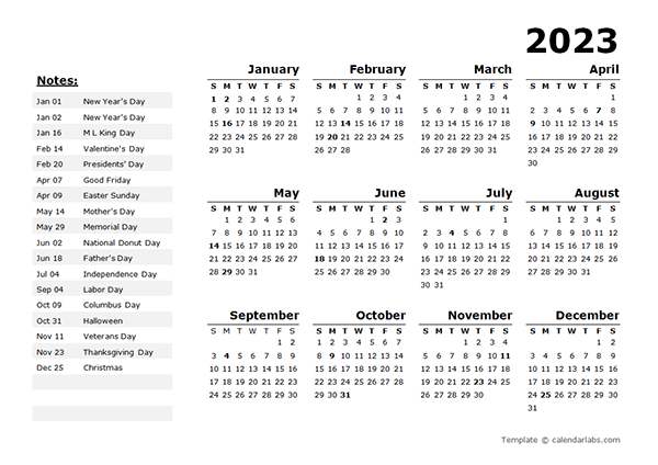 2023 Year Calendar Template with US Holidays - Free Printable Templates