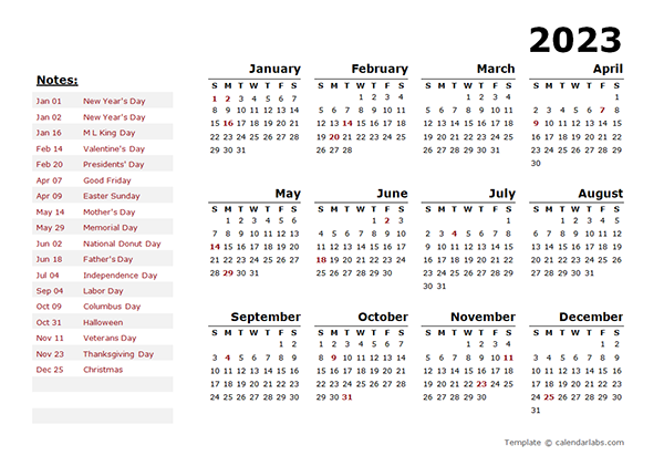 2023 Year Calendar Word Template With Holidays Free Printable Templates