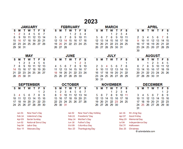 2023 Yearly Calendar Template Editable