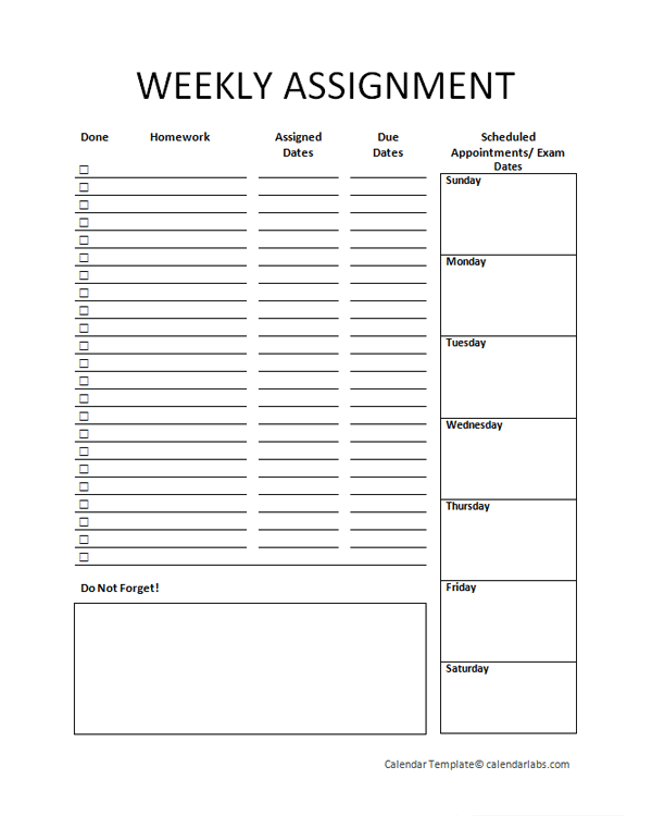 weekly homework calendar template