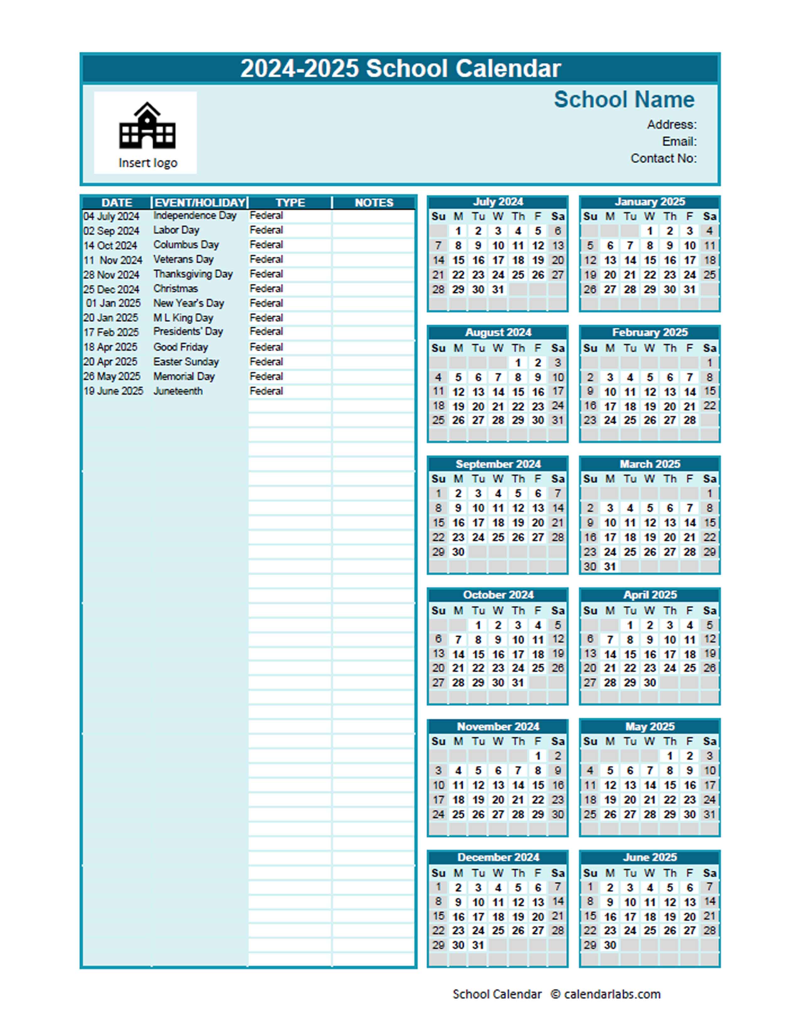 20242025 JulJun Yearly School Calendar Template Excel Free