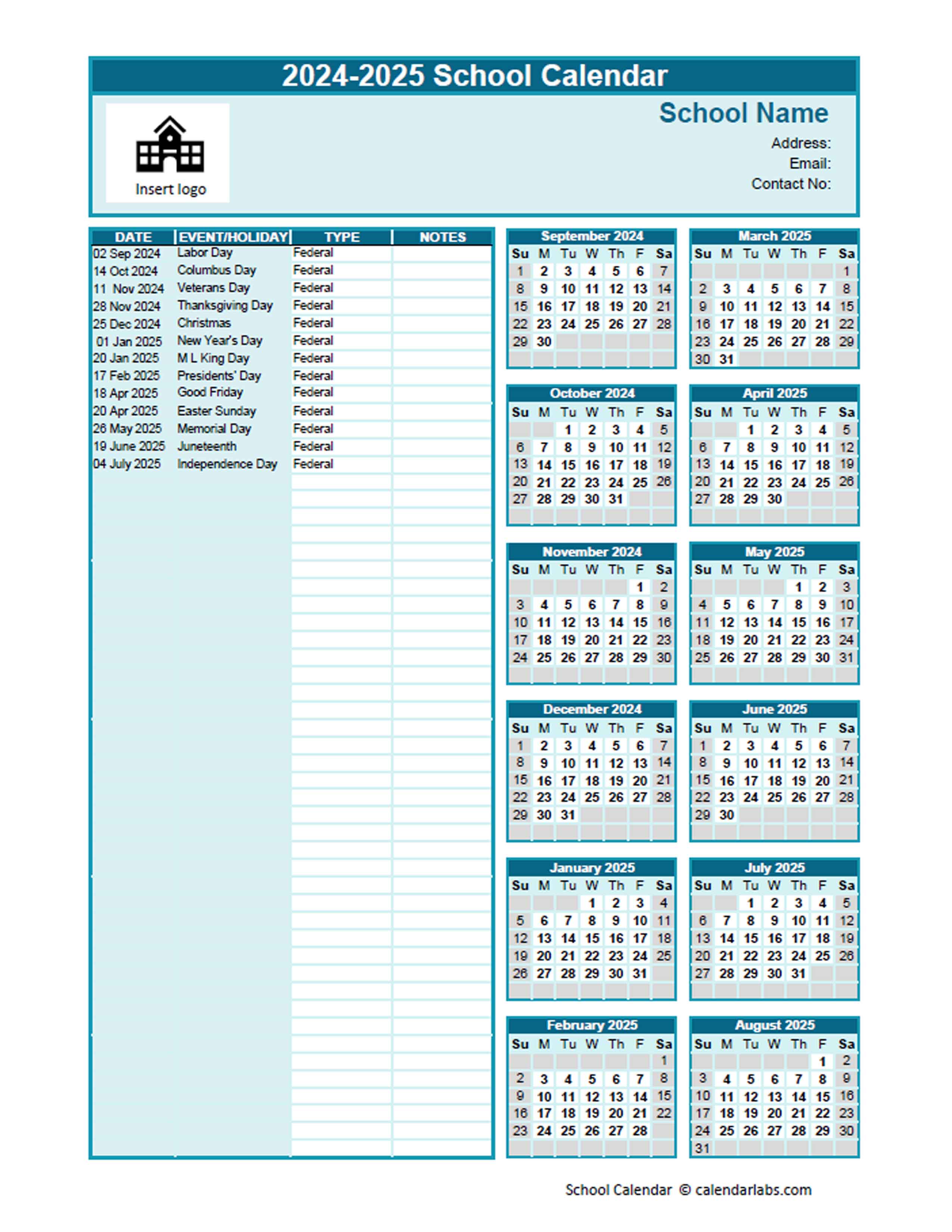 20242025 SepAug Yearly School Calendar Template Excel Free