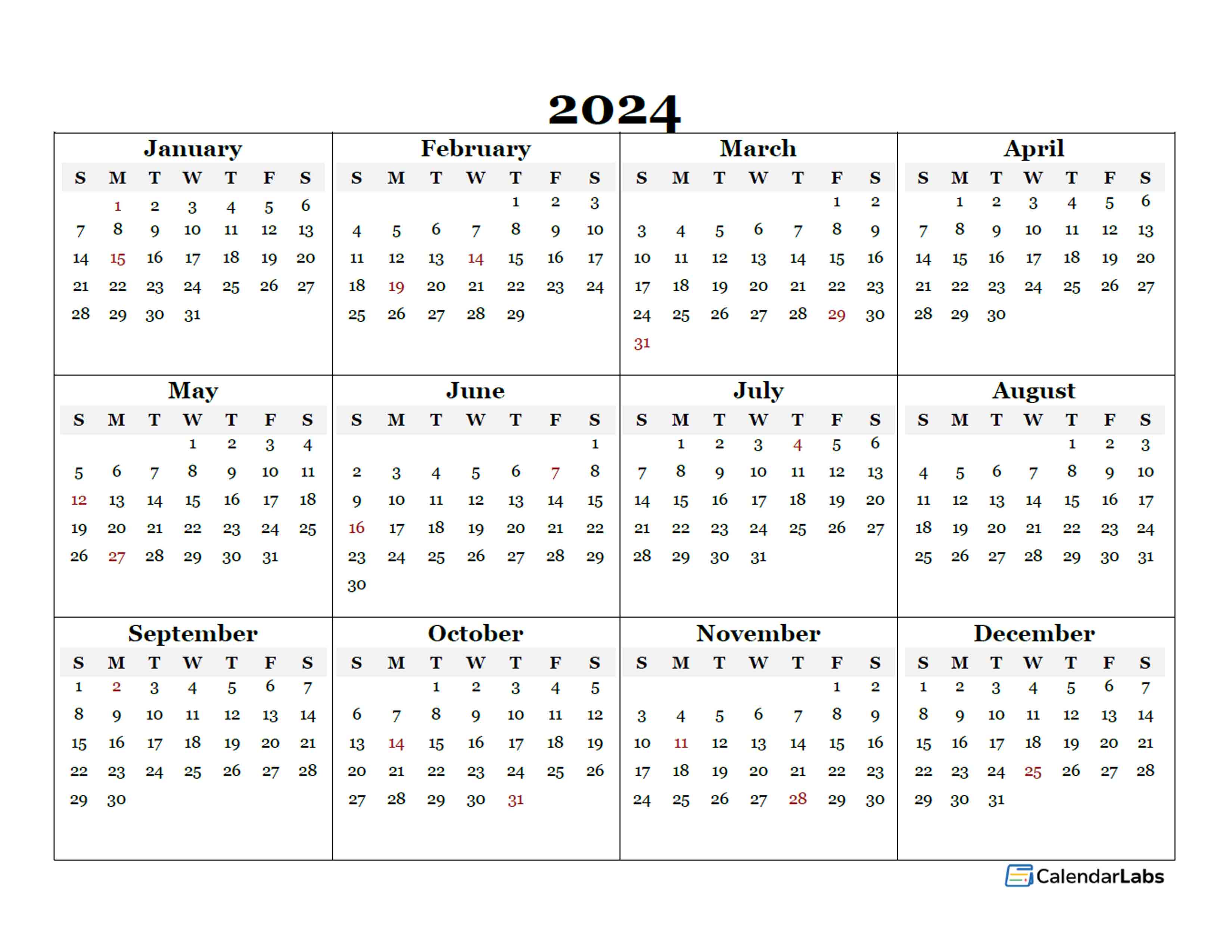 2024 Blank Yearly Calendar Template - Free Printable Templates