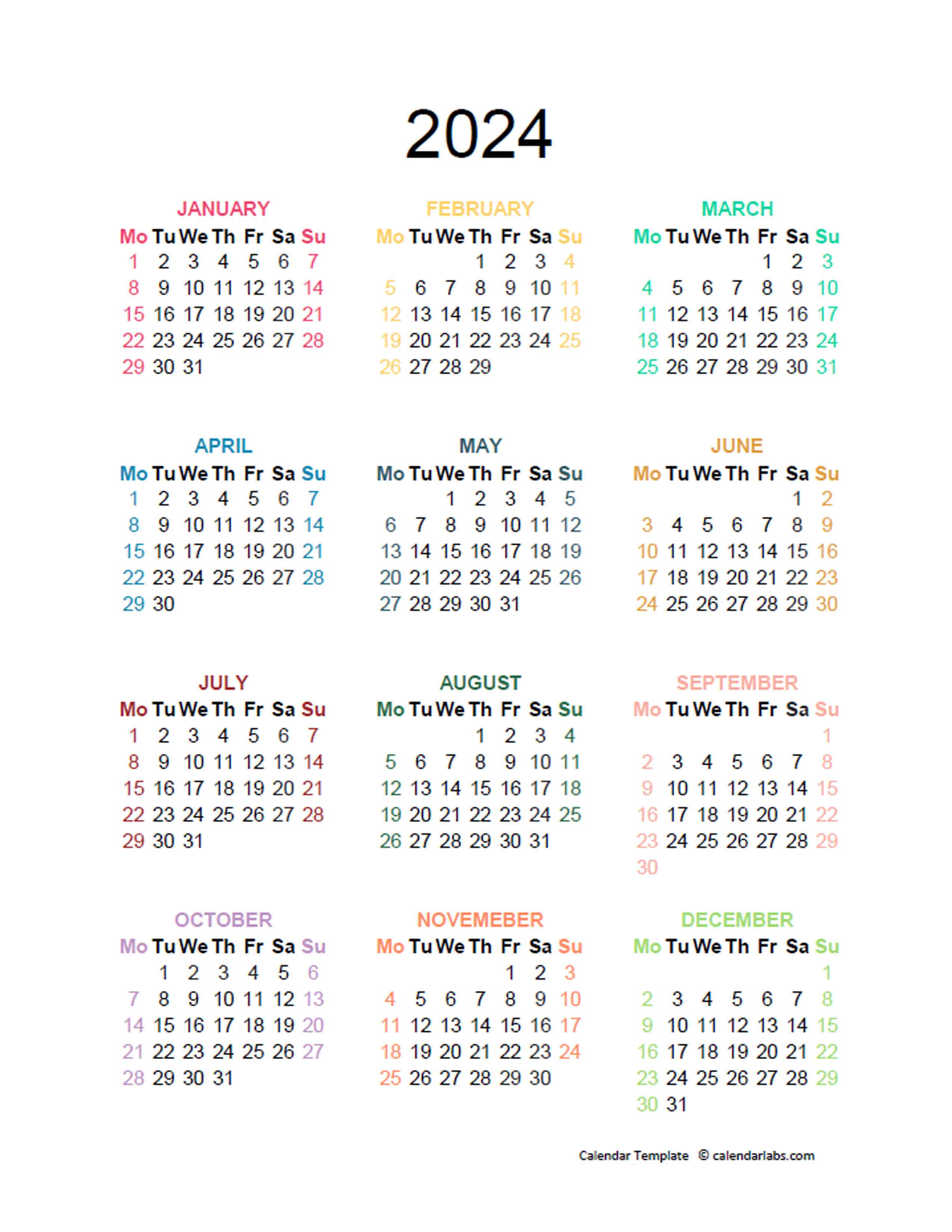 2024 Calendar Printable Colorful Year Jany Roanne