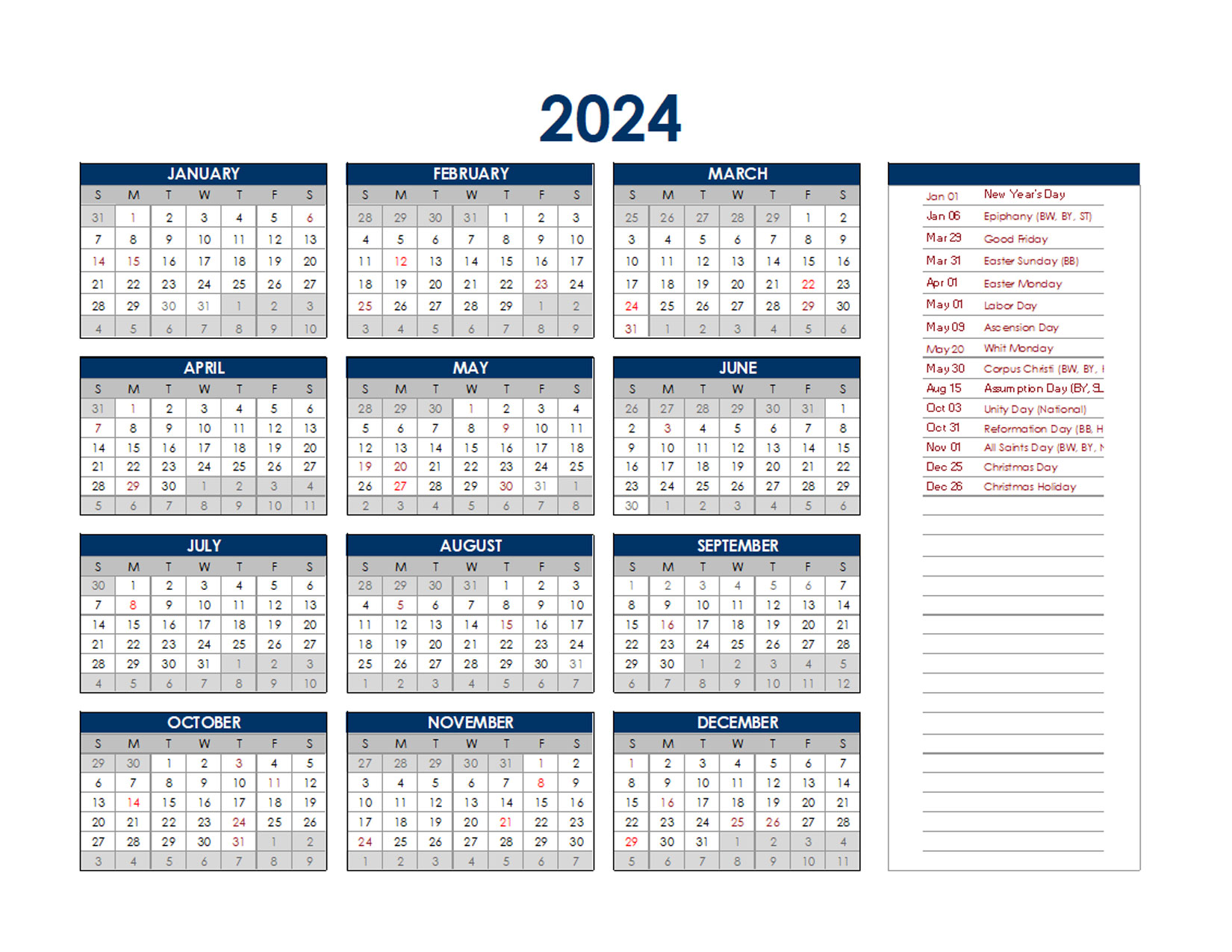 German Calendar 2024 With Holidays Fina Orelle