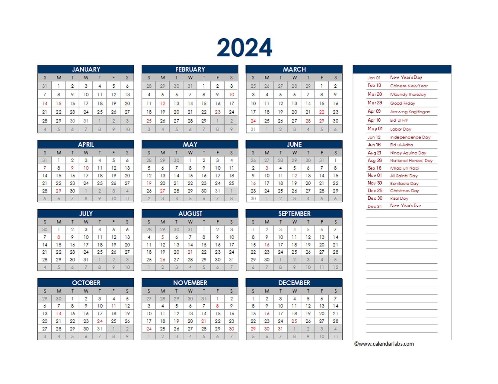 2024 Calendar Printable Philippines Calendar 2024
