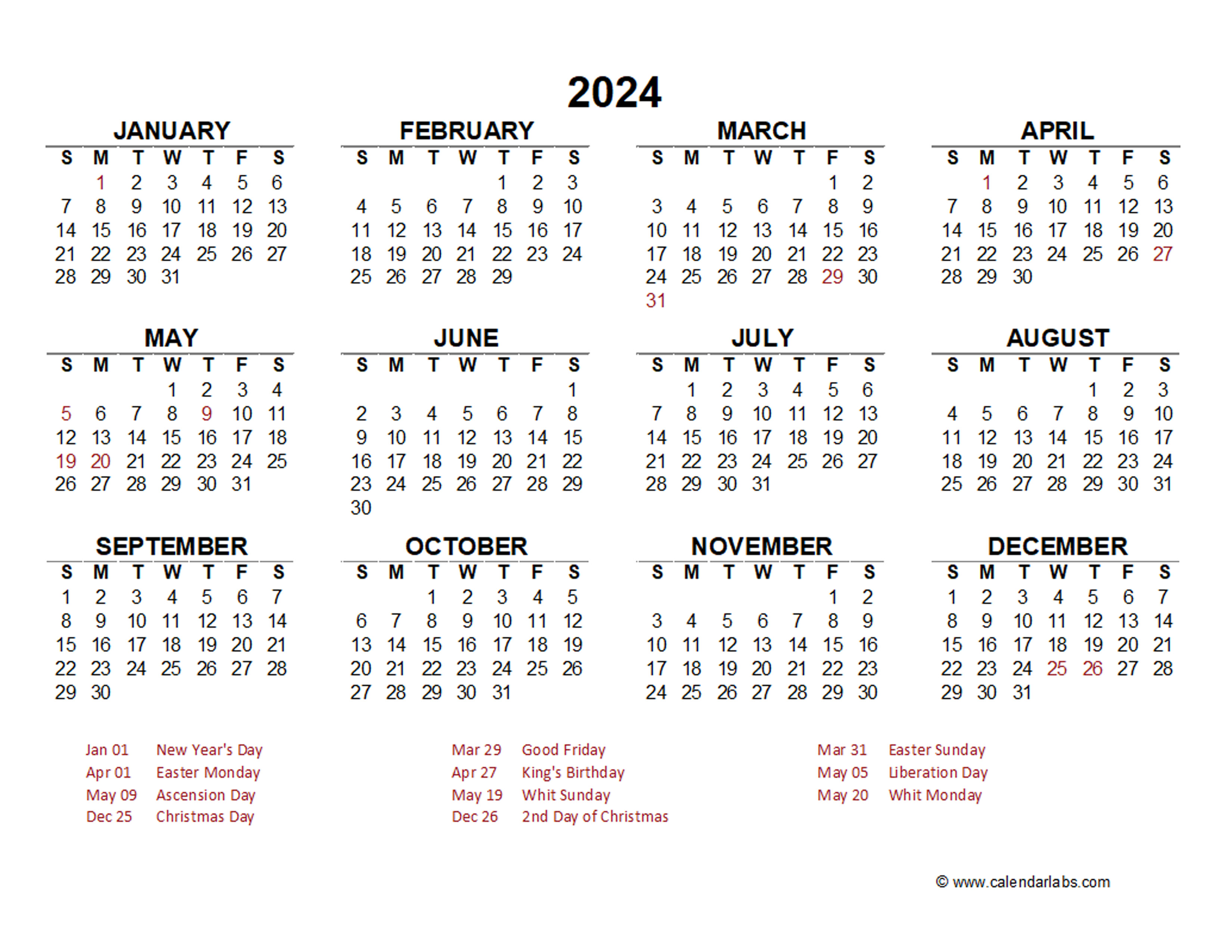 2024 Year at a Glance Calendar with Netherlands Holidays Free